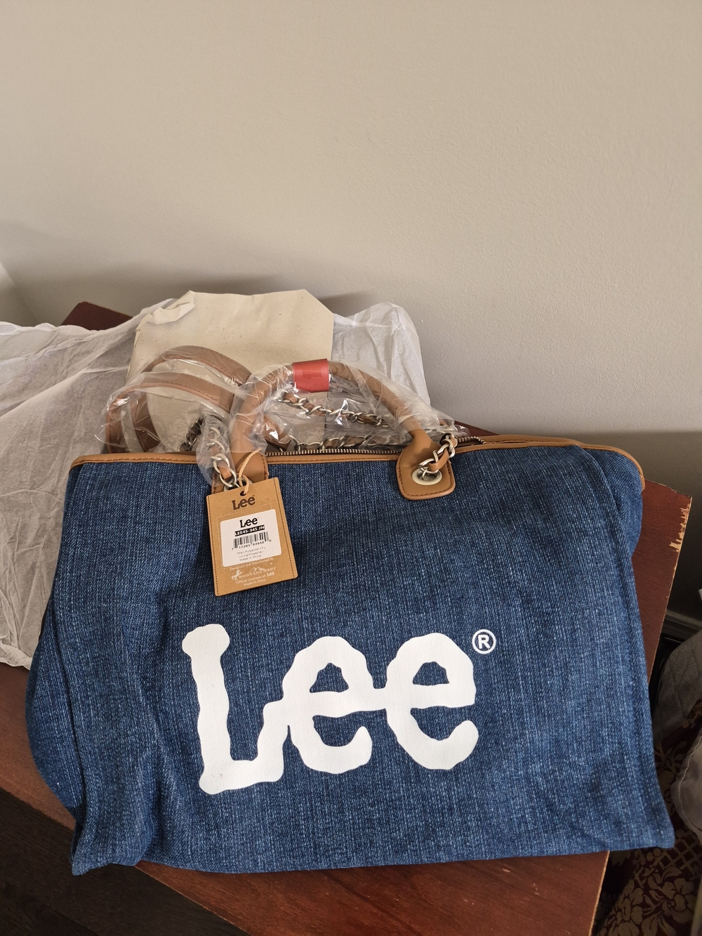 Lee Denim Tote Bag with White Logo and Tan Trim